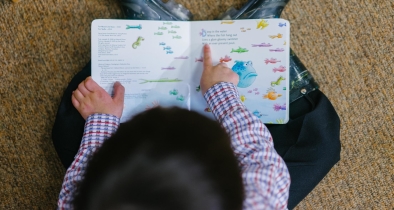 child pointing to picture in book