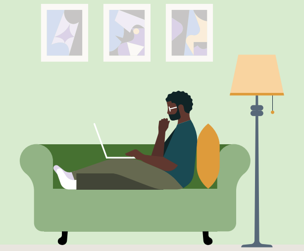 cartoon man sitting on couch using computer