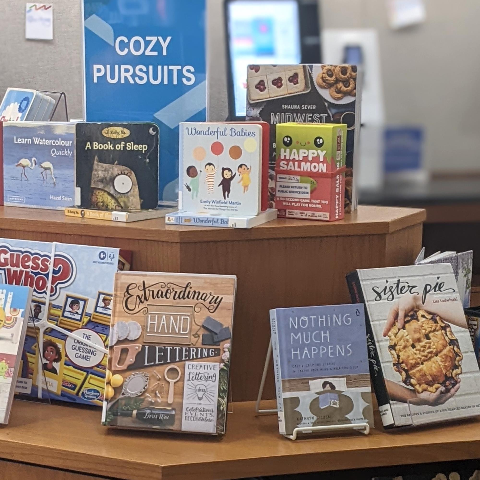 books on display with a sign reading "cozy pursuits"