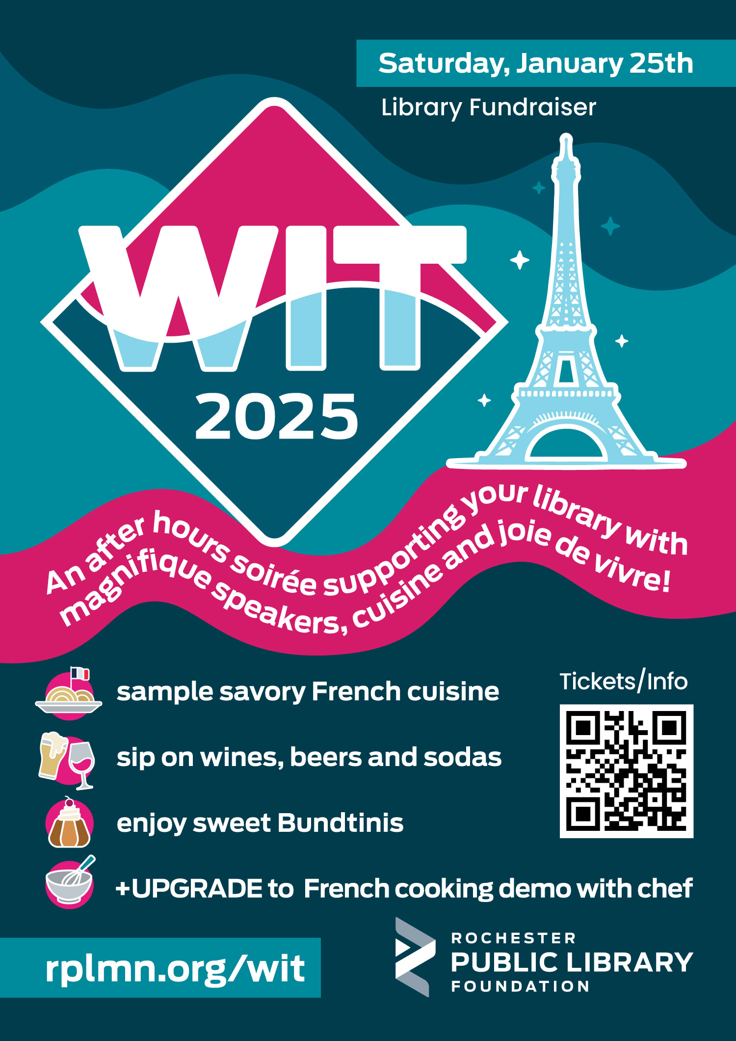 WIT 2025 an after hours soiree supporting your library with magnifique speakers, cuisine and joie de vivre.